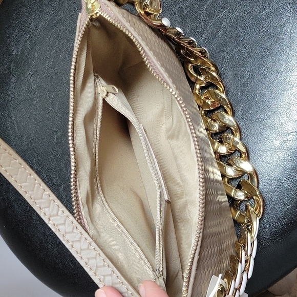 Italian Leather FIORDALISO Chain Strap Top Handle Bag Baguette Woven Gray Gold - Picture 8 of 17